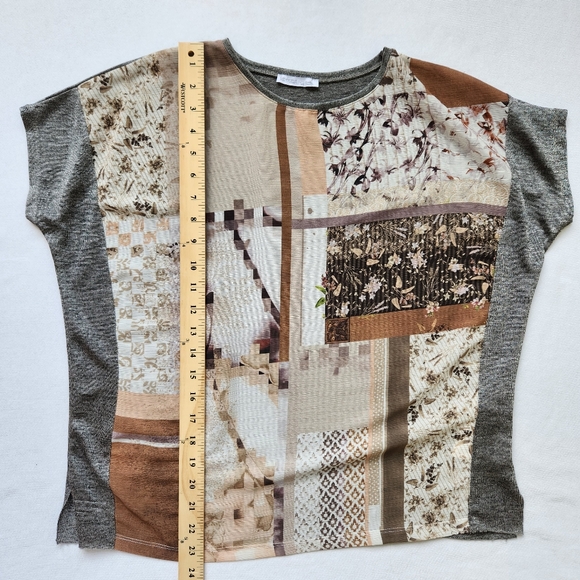 Zara Patchwork Print Top Semi Sheer Lightweight Short Sleeves Neutral Gray Small - Picture 13 of 13